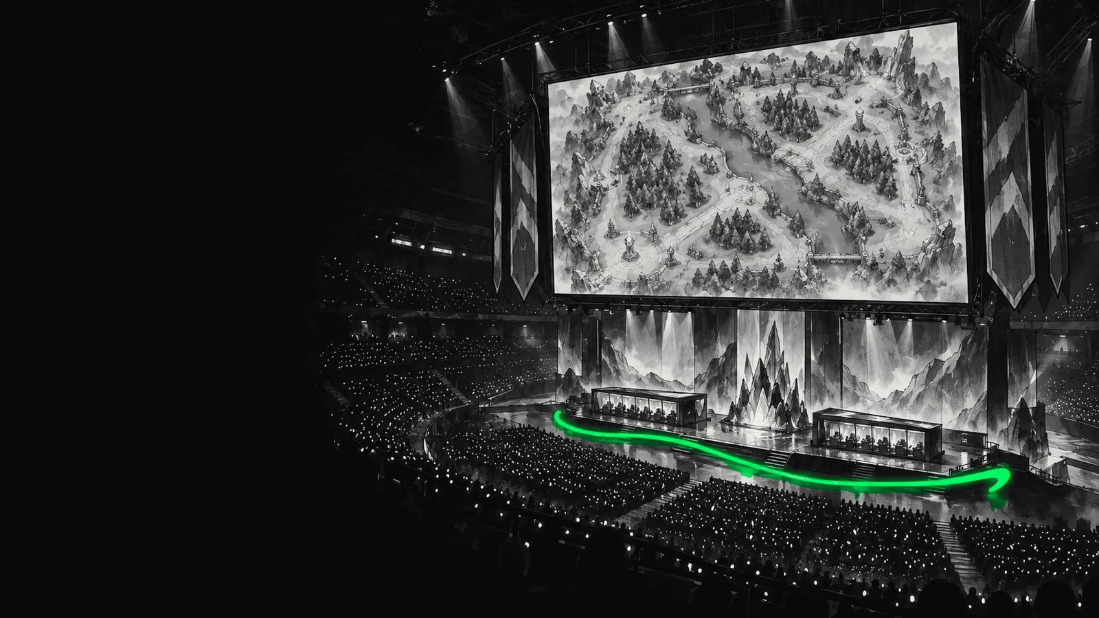 Ілюстрація: арена турніру з Dota 2 з верхніх трибун, мапа на великому екрані