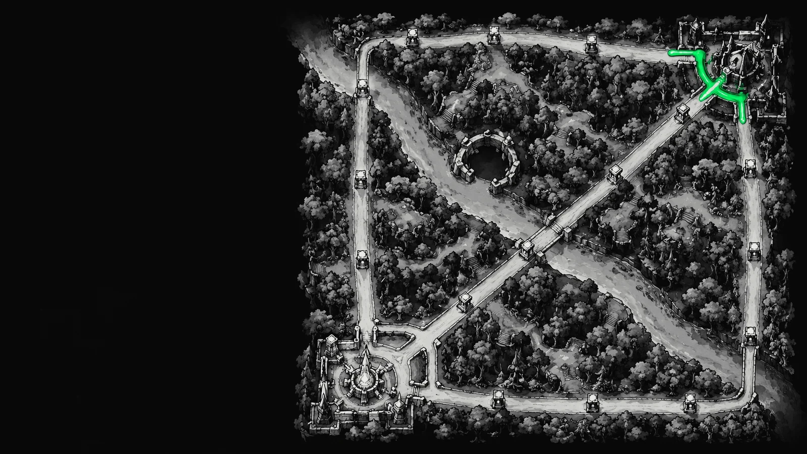 Ілюстрація: мапа Dota 2 згори як мальована схема, три лінії сходяться до древнього