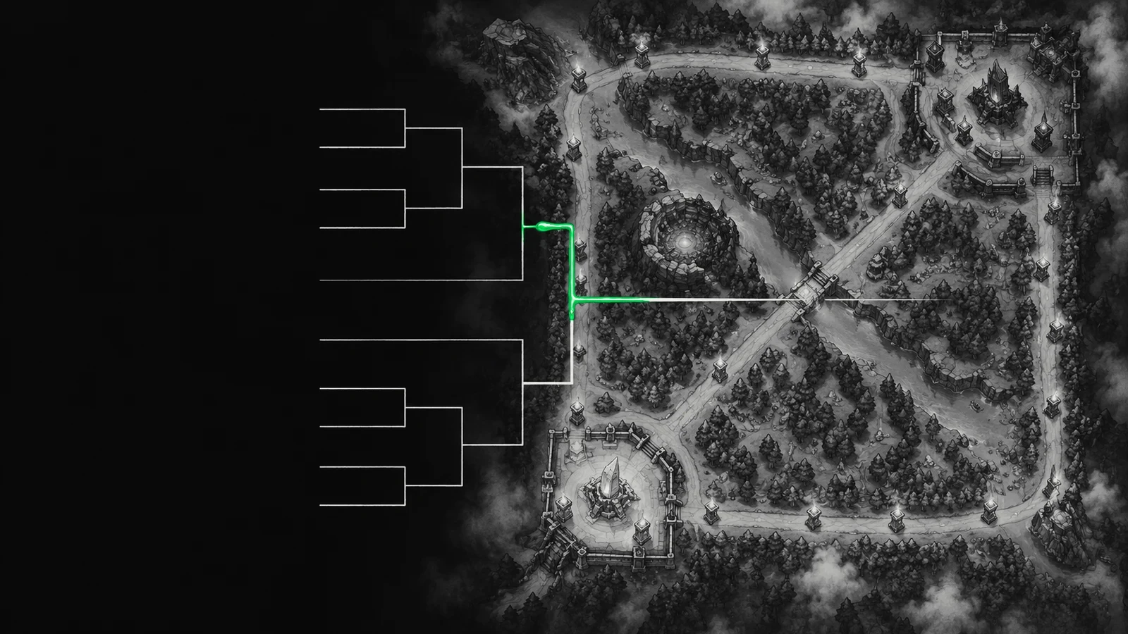 Ілюстрація: турнірна сітка тонкими лініями поверх мапи Dota 2
