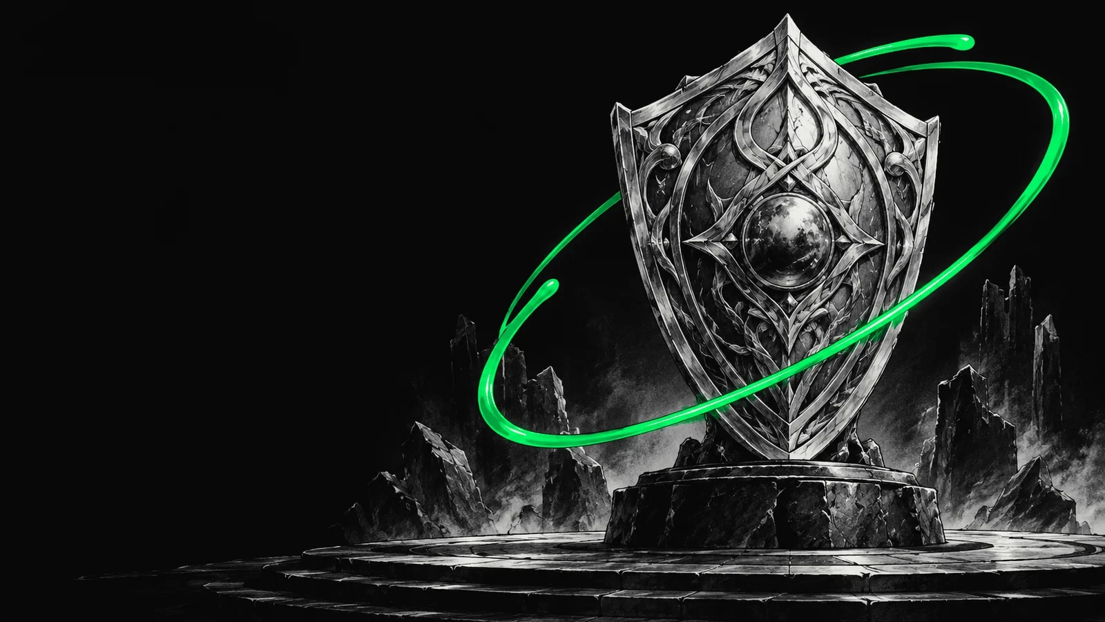 Ілюстрація: срібний трофей-щит чемпіонів Dota 2 на кам'яній підставці на сцені