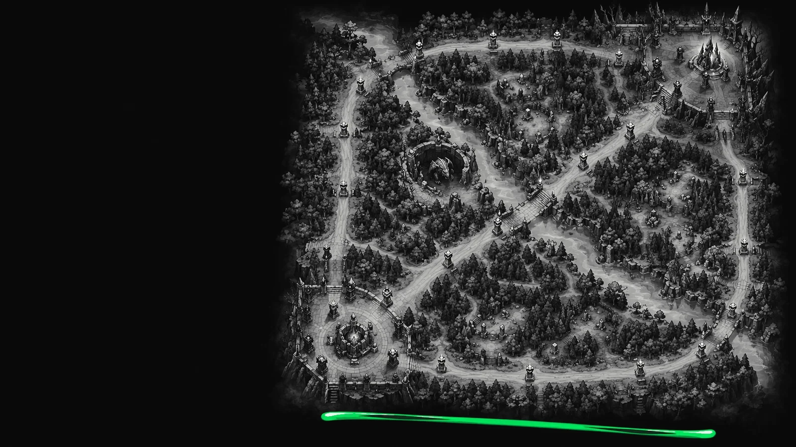 Ілюстрація: мапа Dota 2 вночі — нижня ліва база темна, верхня права світиться